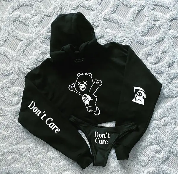 Don't Care Printed Women's Cropped Hoodie & Thong Sets