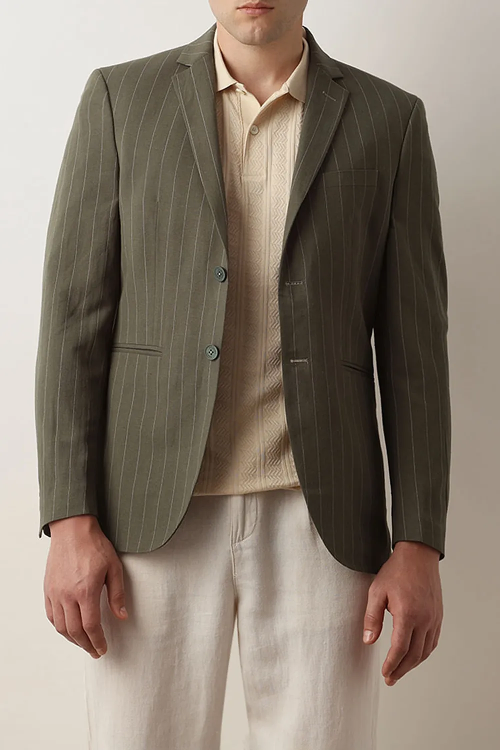 Green Striped Casual Blazer