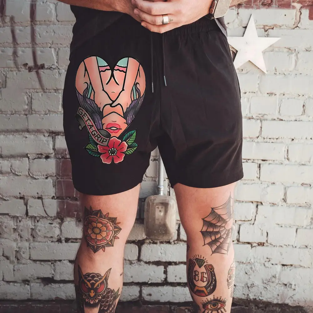 Get A Grip Print Sports Casual Men's Loose Shorts