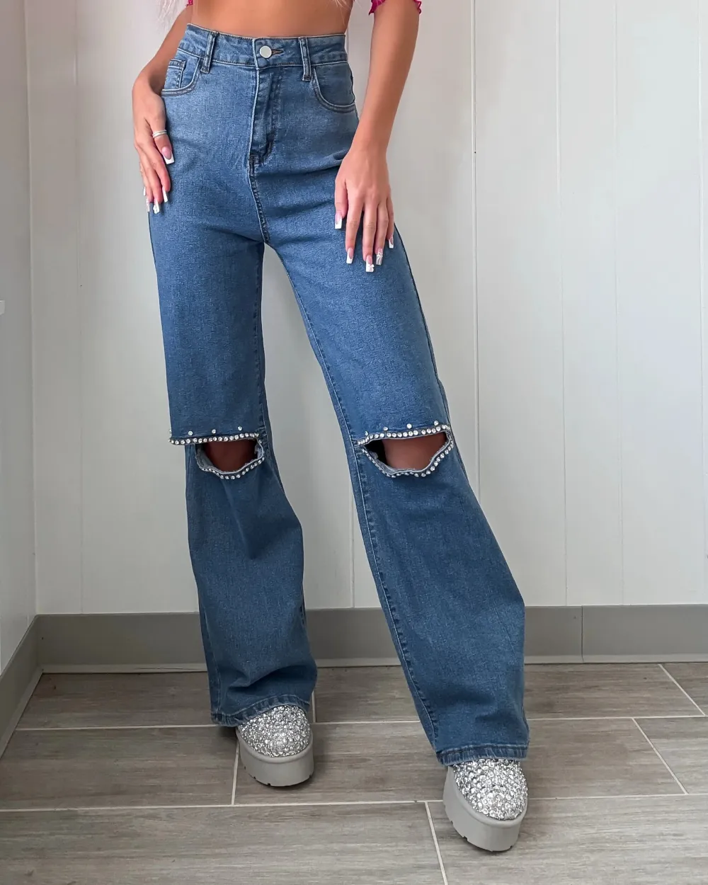 Dazzling Diva Wide Leg Cutout Jeans - Denim