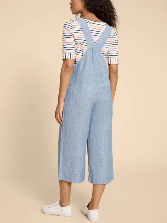 Viola Crop Linen Dungaree In Chambray Blue