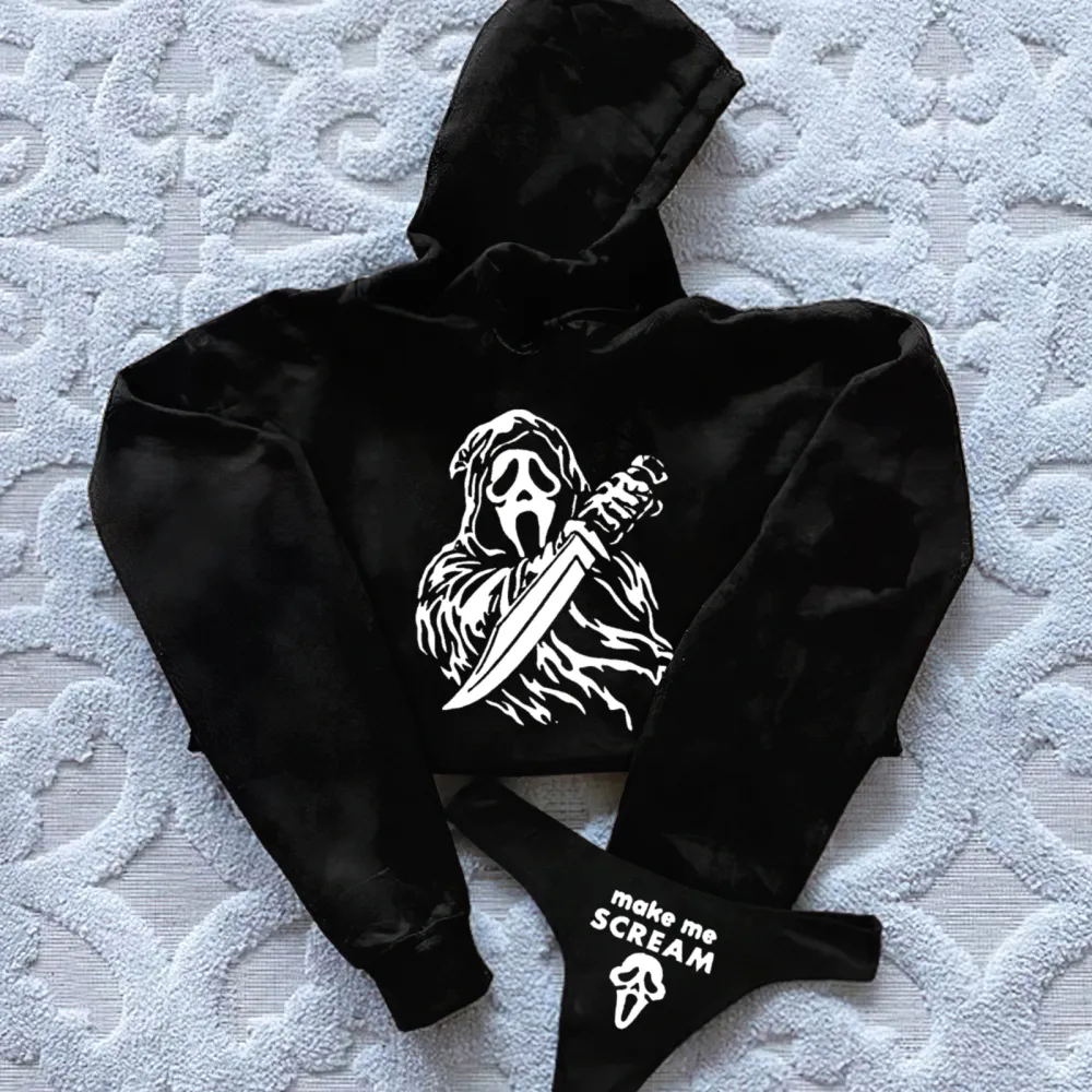 Make Me Scream Printed Women's Cropped Hoodie & Thong Sets