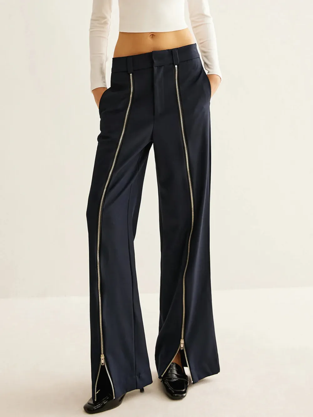 Zipper Design Mid-Waist Pants