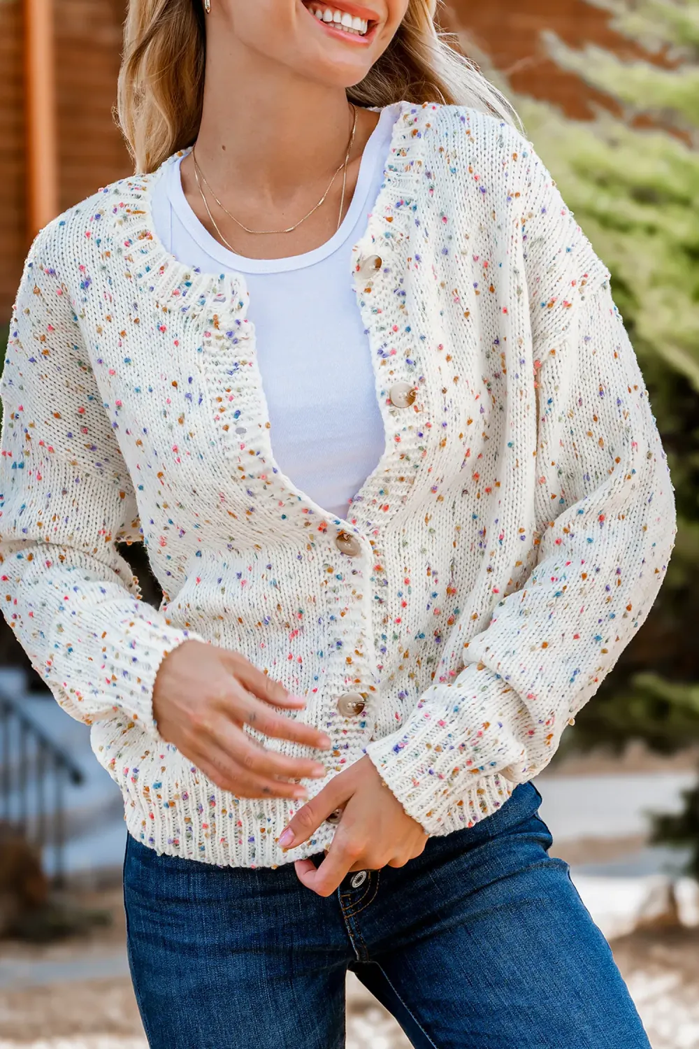 Confetti Knit Front Button Long Sleeve Cardigan