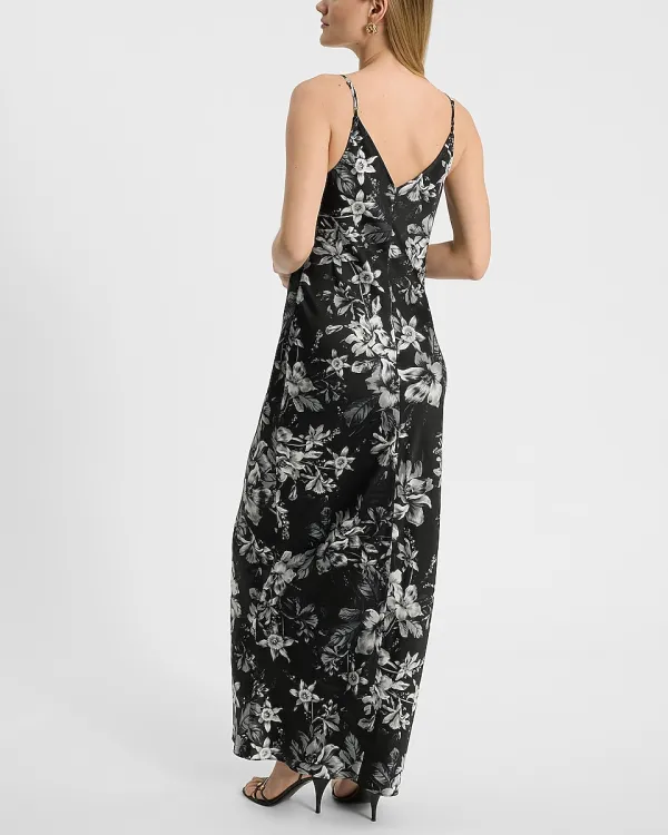 Floral Satin V-Neck Maxi Downtown Cami Slip Dress