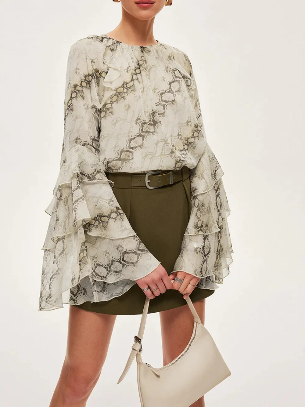 Printed Crew Neck Ruffle Sleeve Blouse