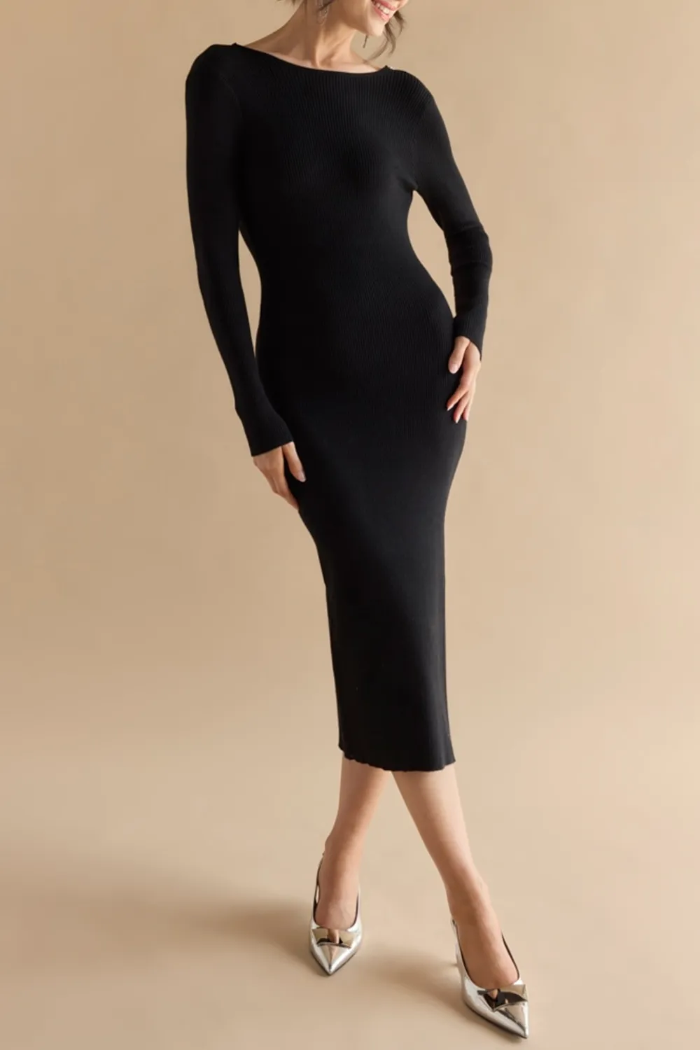 Irma Pearl Trim Fitted Sweater Midi Dress