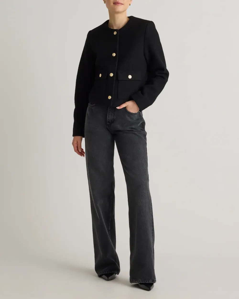 Collarless Cropped 100% Merino Wool Jacket