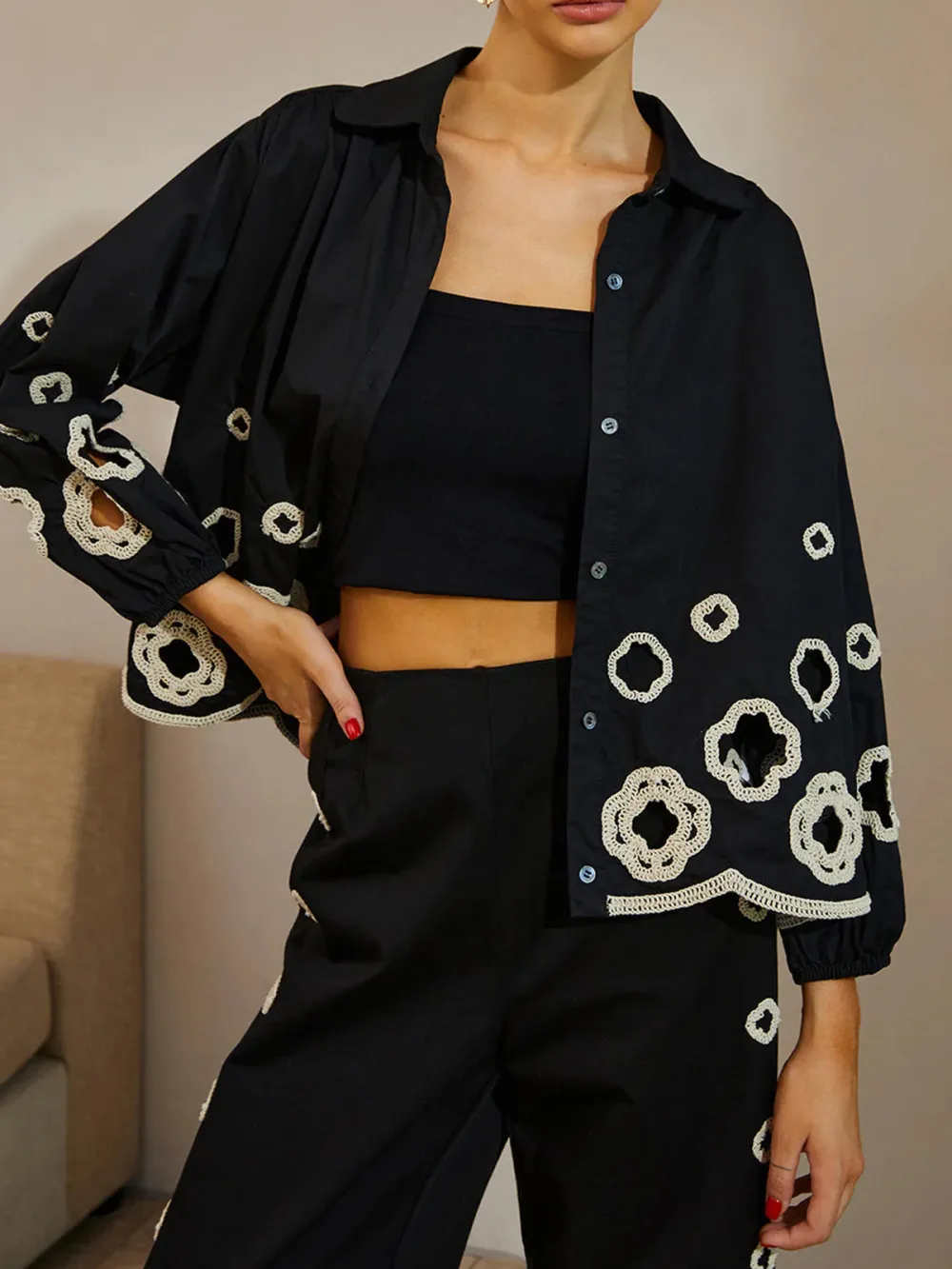 Hollow Embroidered Button Front Blouse