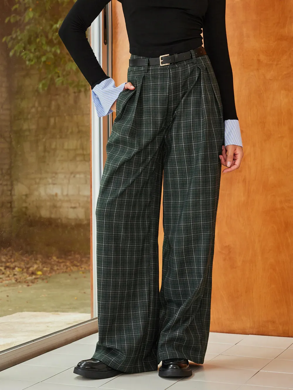Plaid Wide-Leg High Waist Pants
