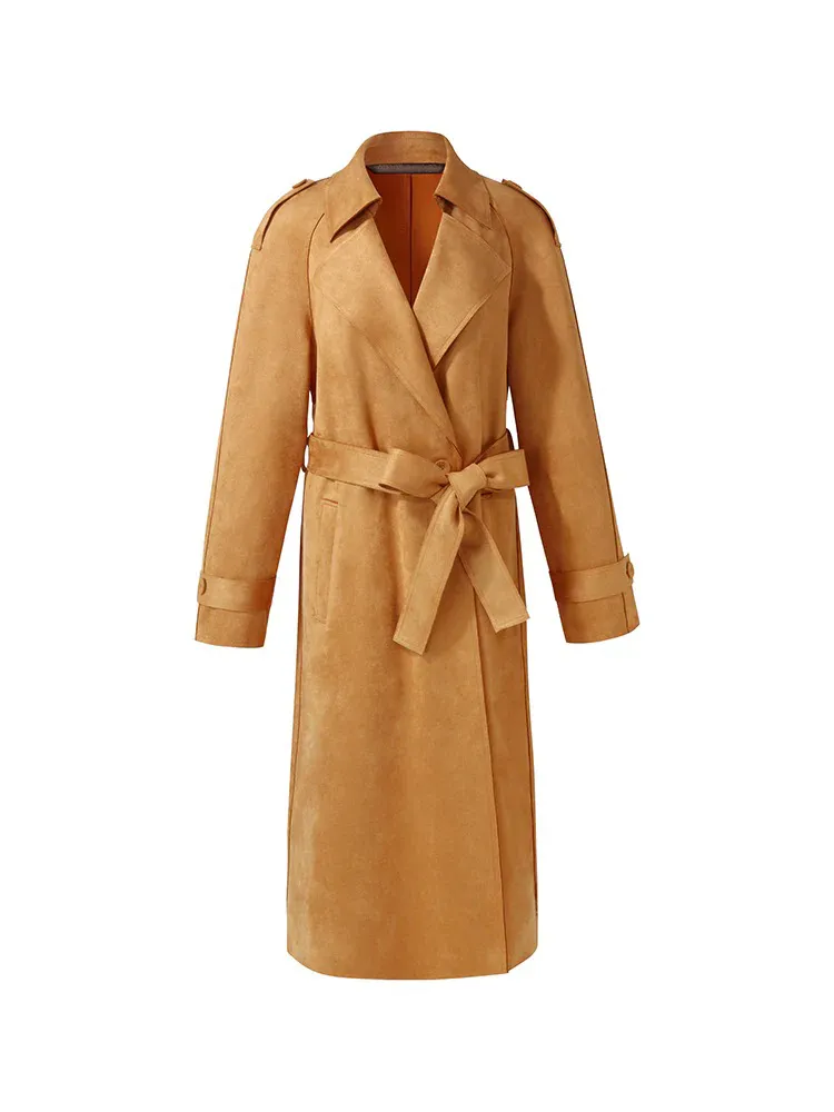 Faux Suede Women Trench Coat With Belt