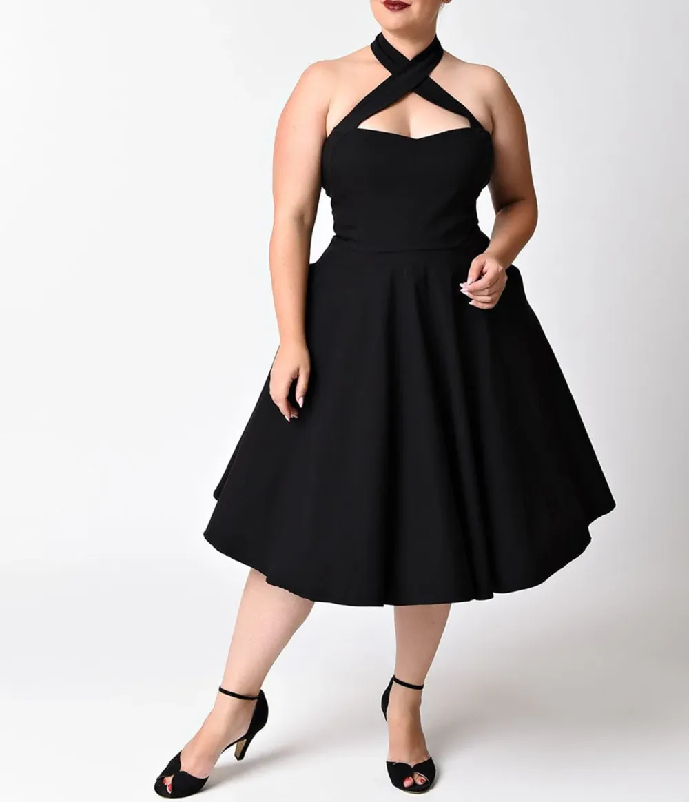 Unique Vintage Plus Size Black Criss Cross Halter Rita Flare Dress