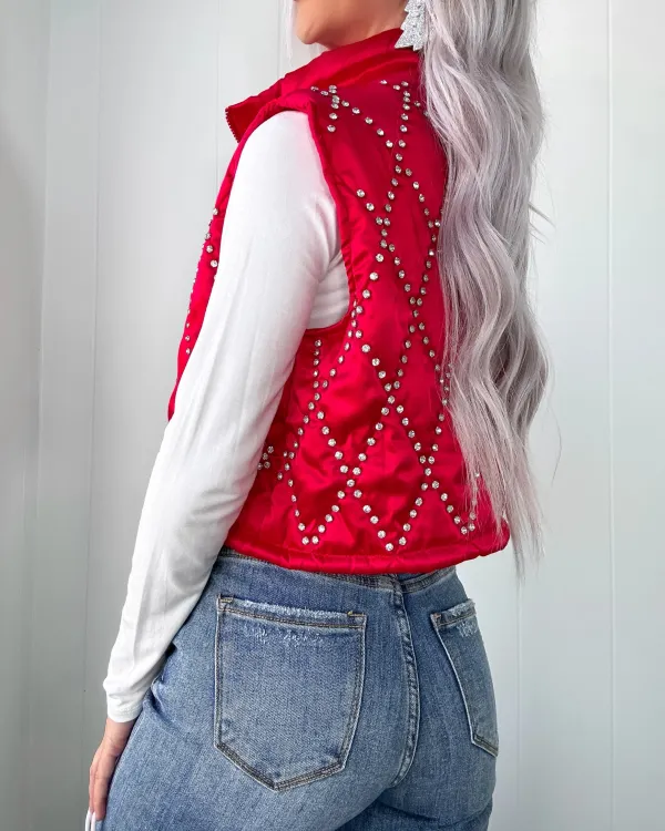 Better Than Before Rhinestone Bomber Vest - Red