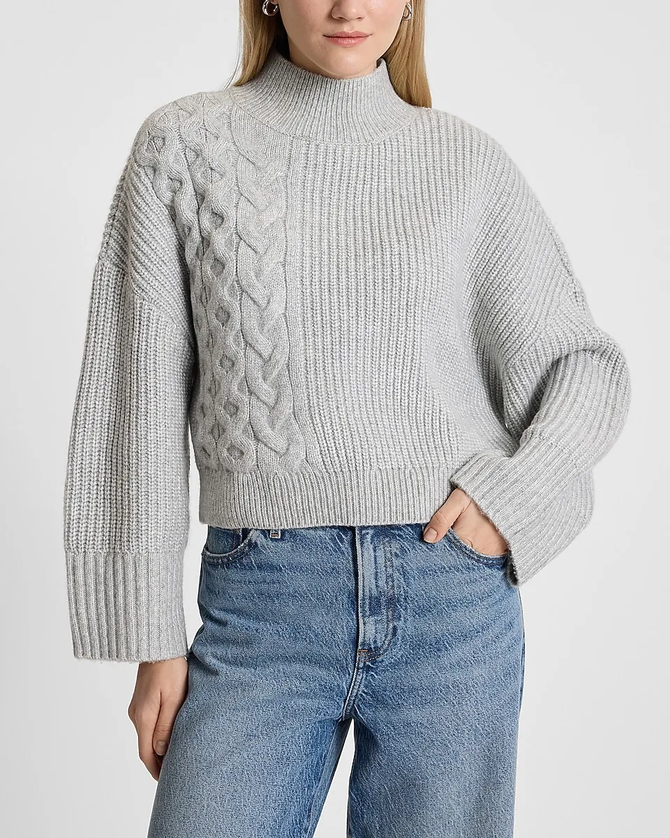 Relaxed Mock Neck Cable Knit Sweater