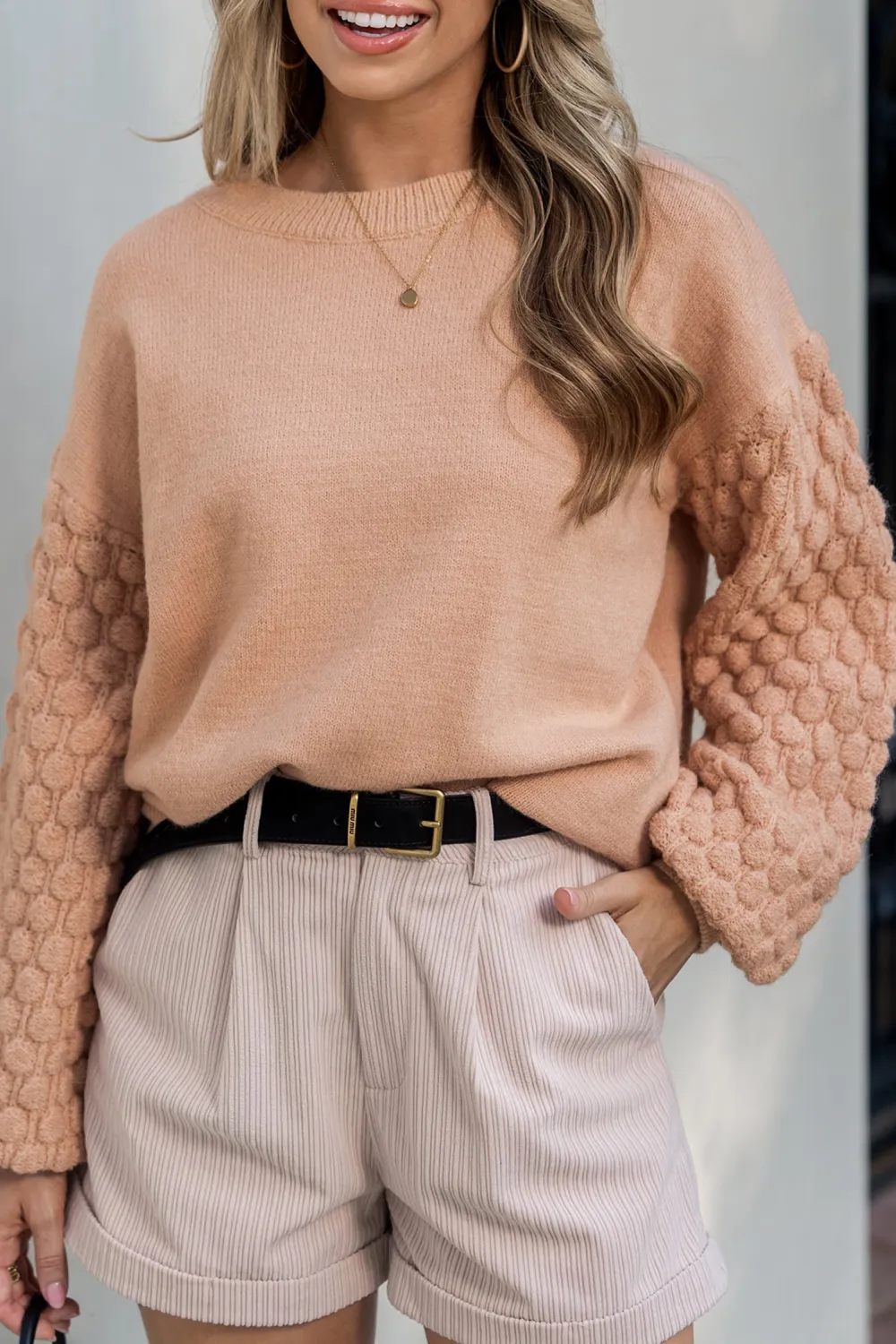 Beige Round Neck Drop Shoulder Long Sleeve Sweater