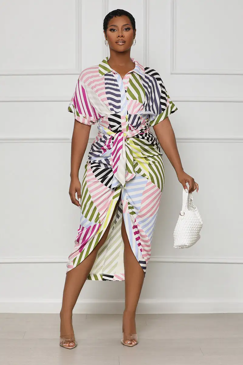 Stripes For Days Button Up Midi Dress (Pink Multi)