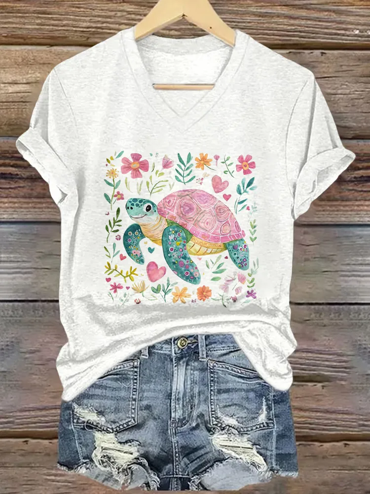 Women's Summer Turtle And Floral Short Sleeves V-Neck Pure Cotton T-Shirt