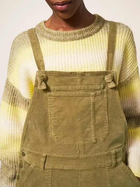 Ella Cord Dungaree In Khaki Green