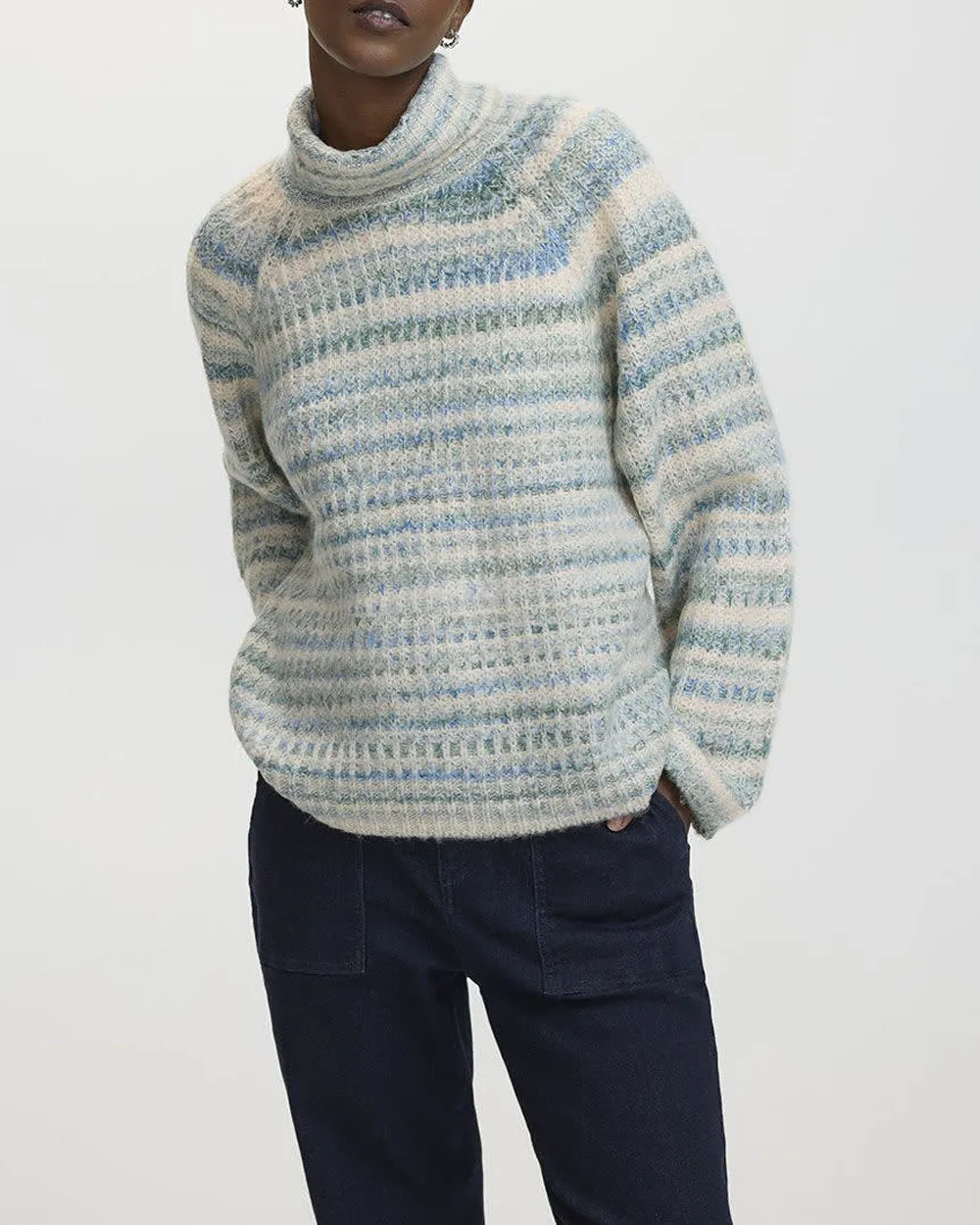 Long-Sleeve Turtle-Neck Herringbone Sweater