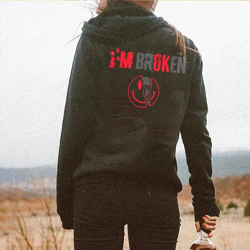 Vintage I'm Broken Skull Printing Women's Black Hoodie