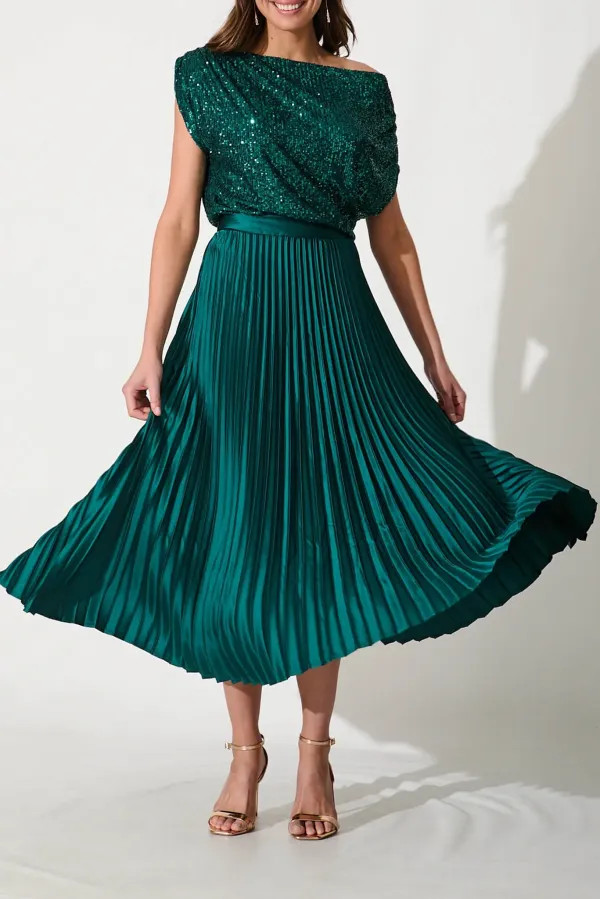 Dark Green Sequin One Shoulder Party Top