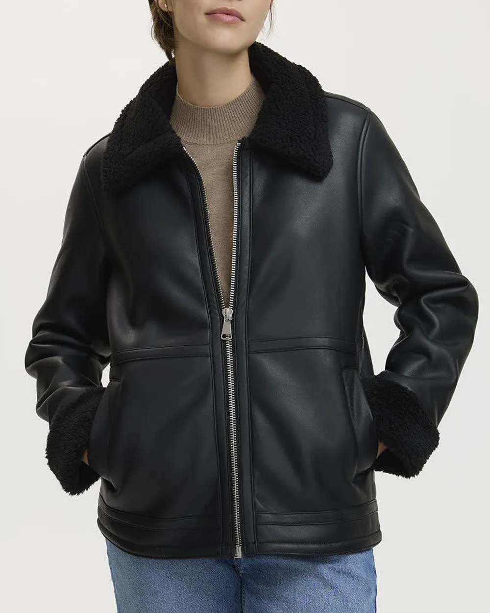 Faux Leather Jacket with Shearling Lining