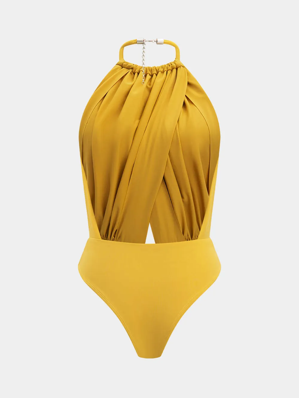 Ruched Backless Plain Sleeveless Bodysuit