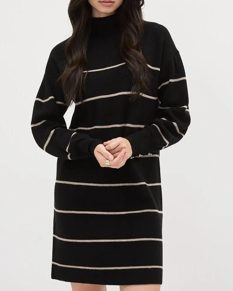 Puffy-Long-Sleeve Mock-Neck Mini Dress