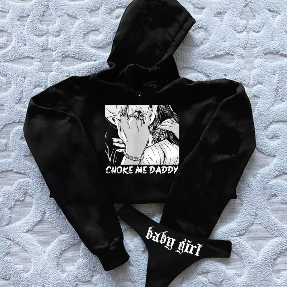 Choke Me Daddy Printed Women's Cropped Hoodie & Thong Sets