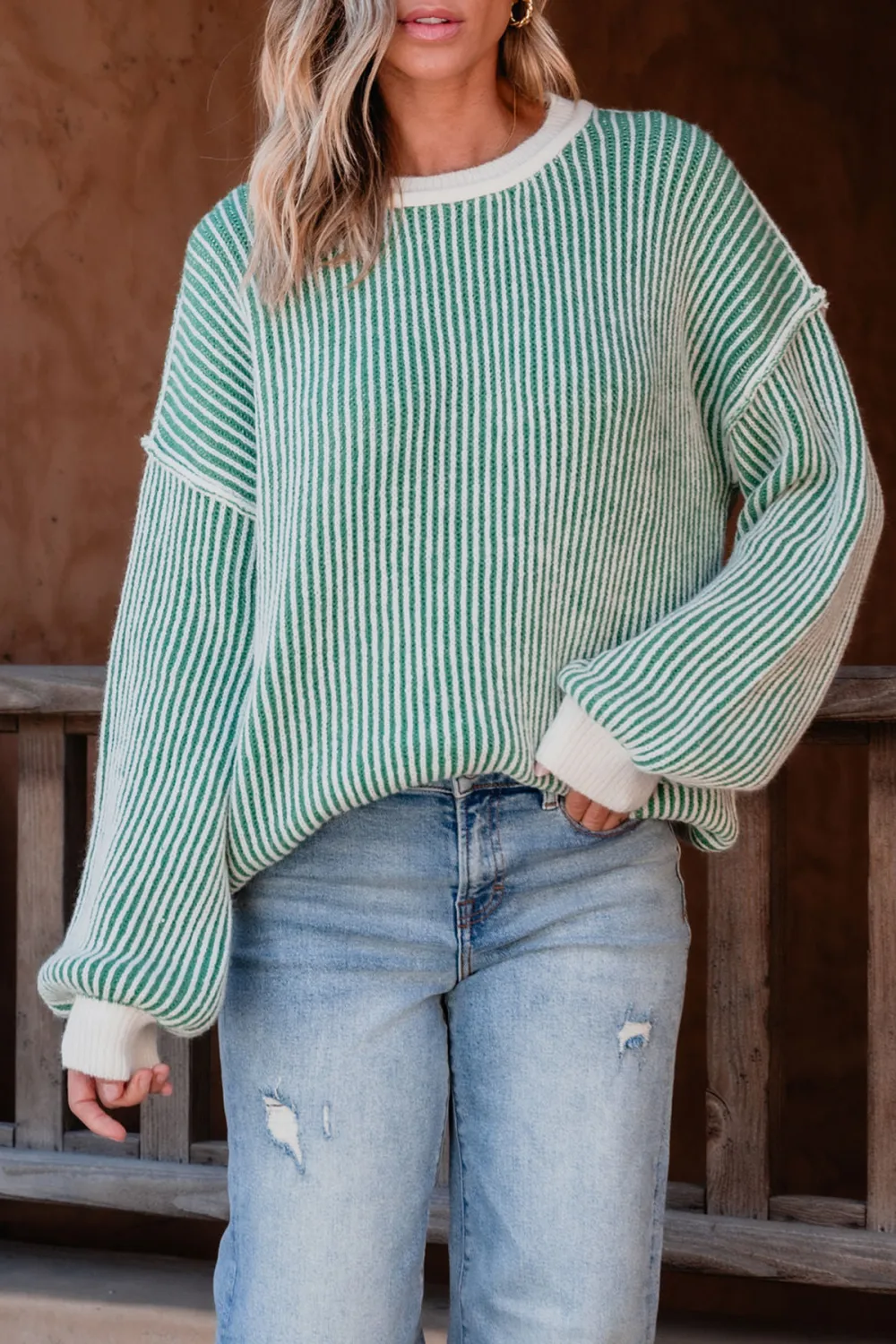 Green Striped Seam Detail Sweater