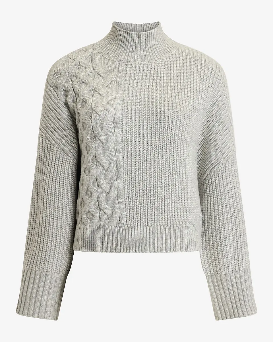 Relaxed Mock Neck Cable Knit Sweater