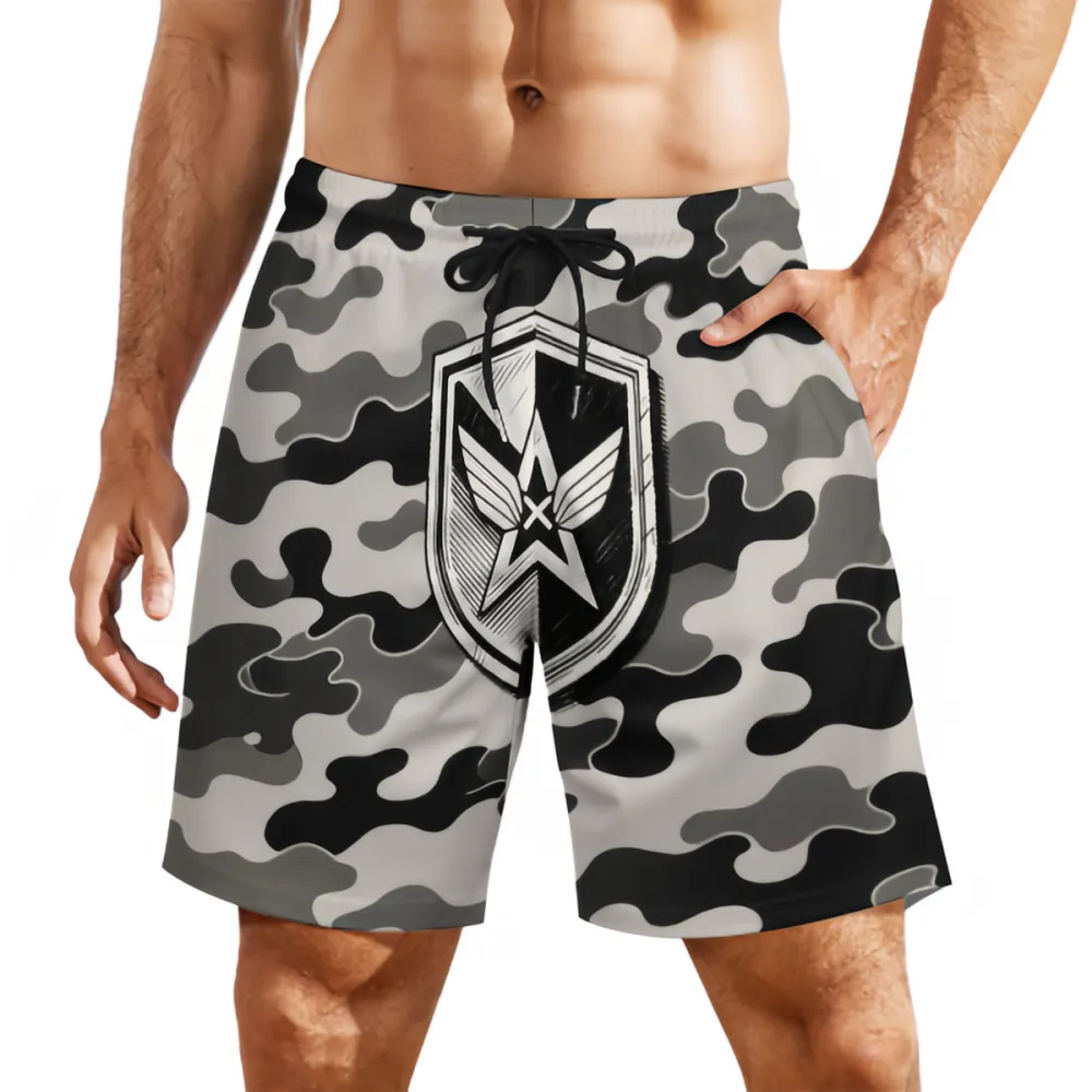 Black And White Camouflage Badge Print Sports Board Shorts