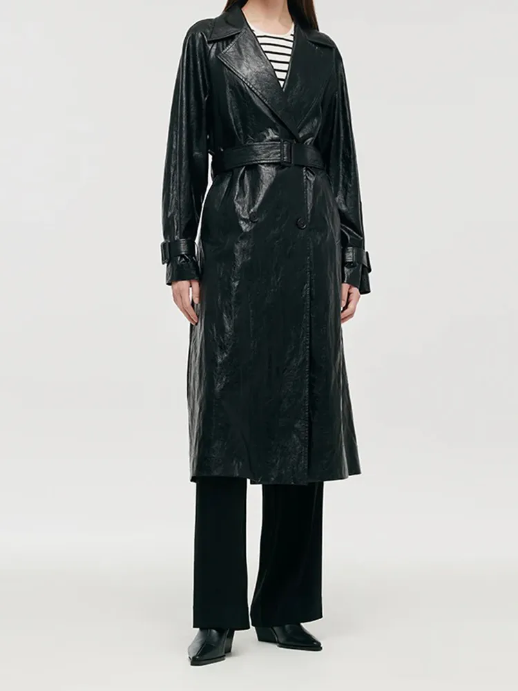 PU Leather Women Long Trench Coat