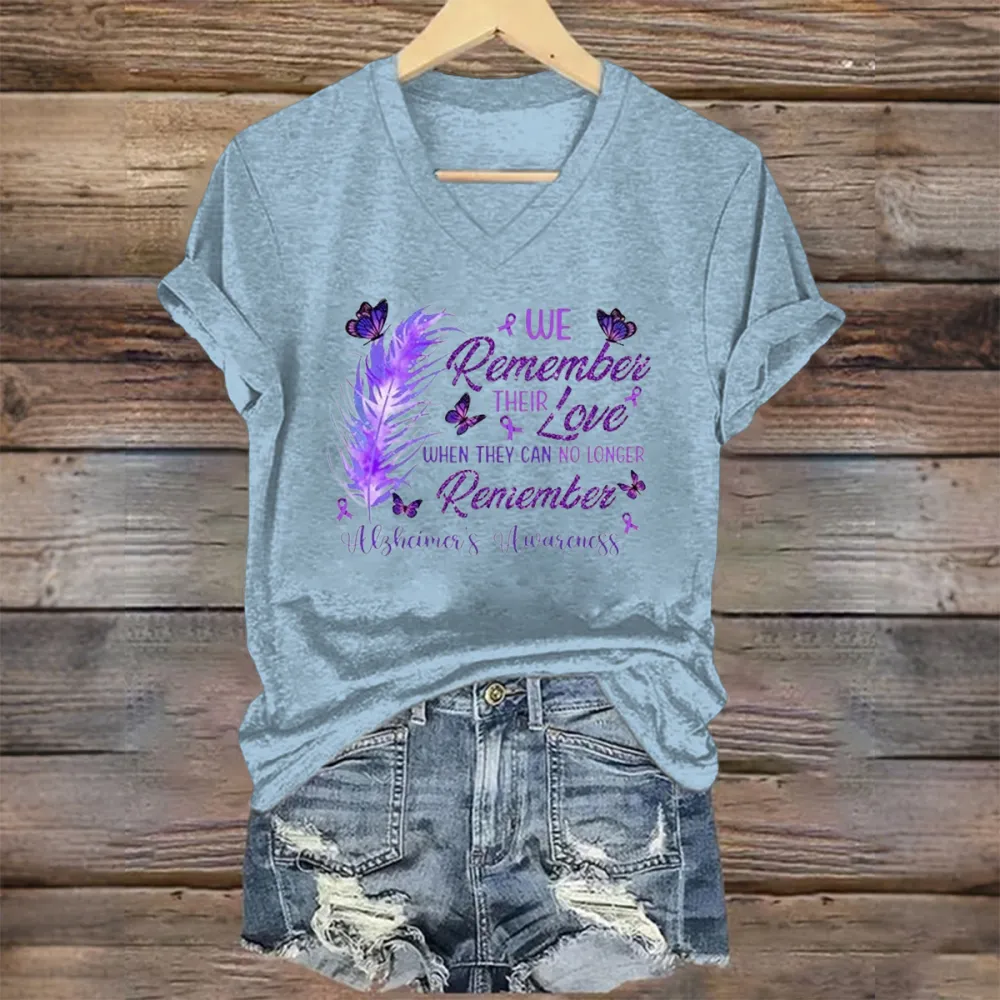 Women'S We Remember Their Love When They Can No Longer Remember Alzheimer'S Awareness V-Neck Short-Sleeved T-Shirt