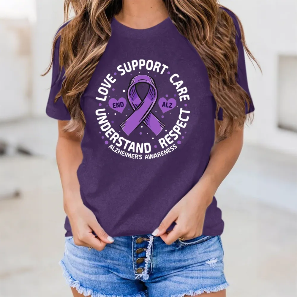 Women'S Love Support Care Understand Respect Alzheimer'S Awareness Round-Neck Short-Sleeved T-Shirt