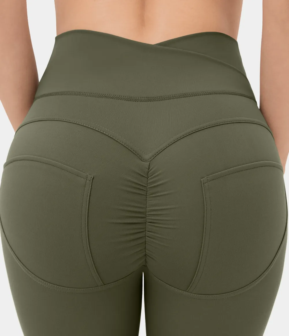 High Waisted Crossover Ruched Yoga 7/8 Leggings
