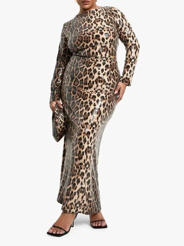 LEOPARD SEQUIN COLUMN MAXI SKIRT