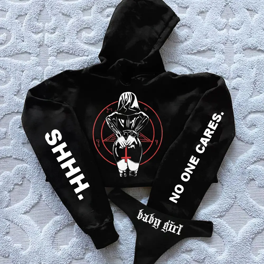 No One Cares Printed Women's Cropped Hoodie & Thong Sets