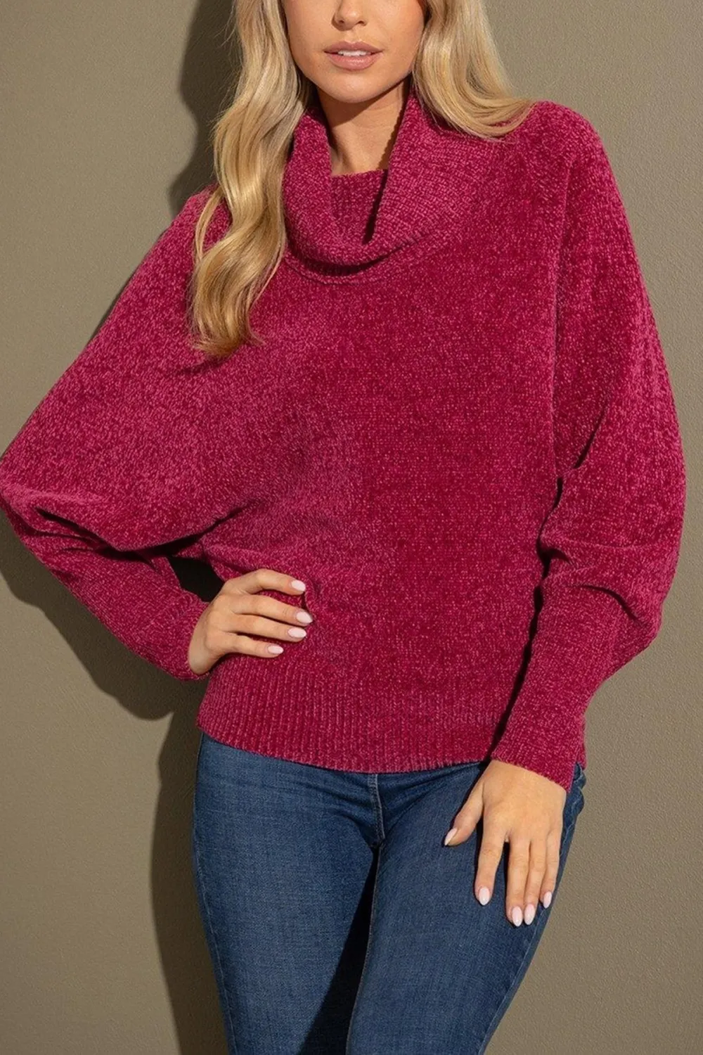 Cowl Neck Batwing Sleeve Chenille Jumper