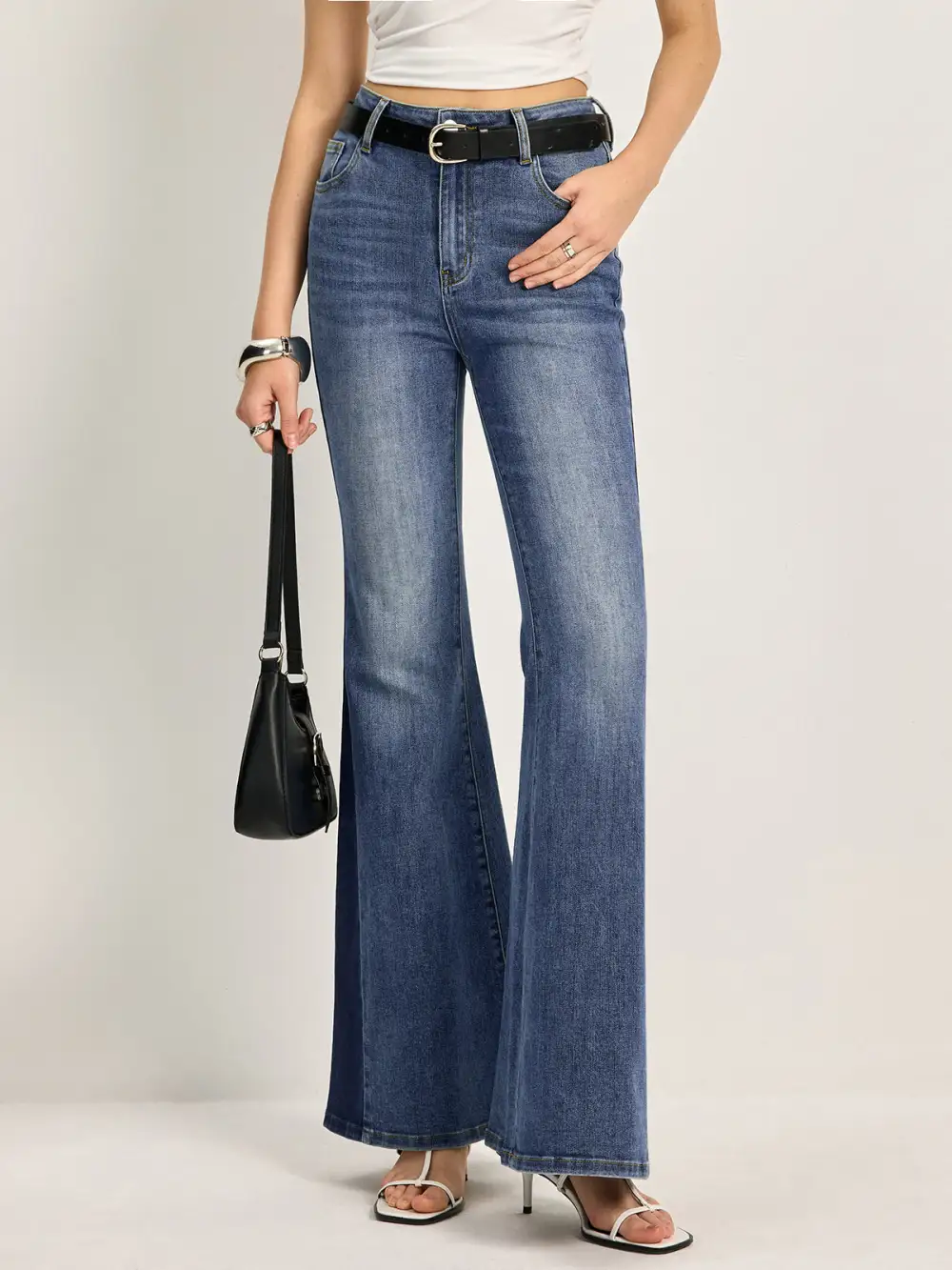 Color Block Flared Jeans With Pockets
