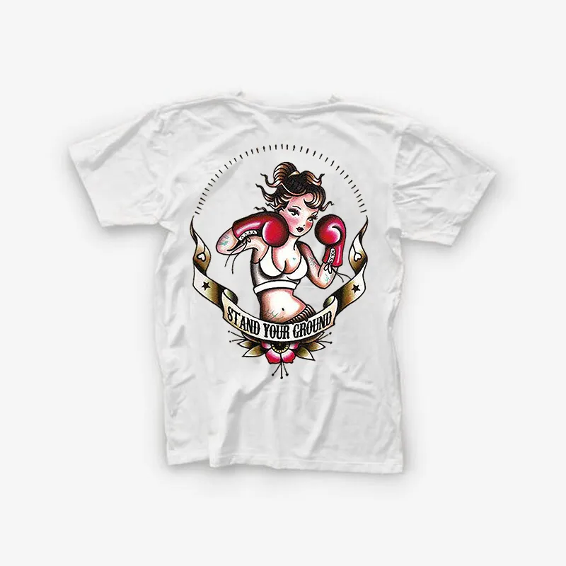 Stand Your Ground Boxing Girl Print Basic White T-shirt