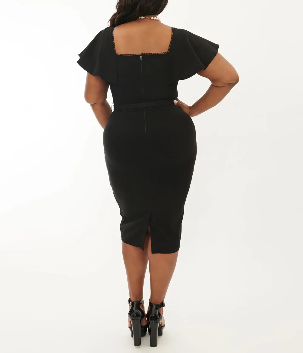 Unique Vintage Plus Size 1940s Black Flutter Sleeve Sweetheart Wiggle Dress