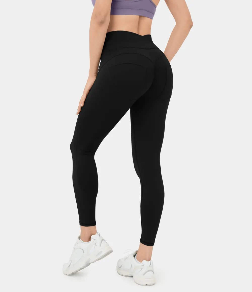 High Waisted Crossover Ruched Yoga 7/8 Leggings