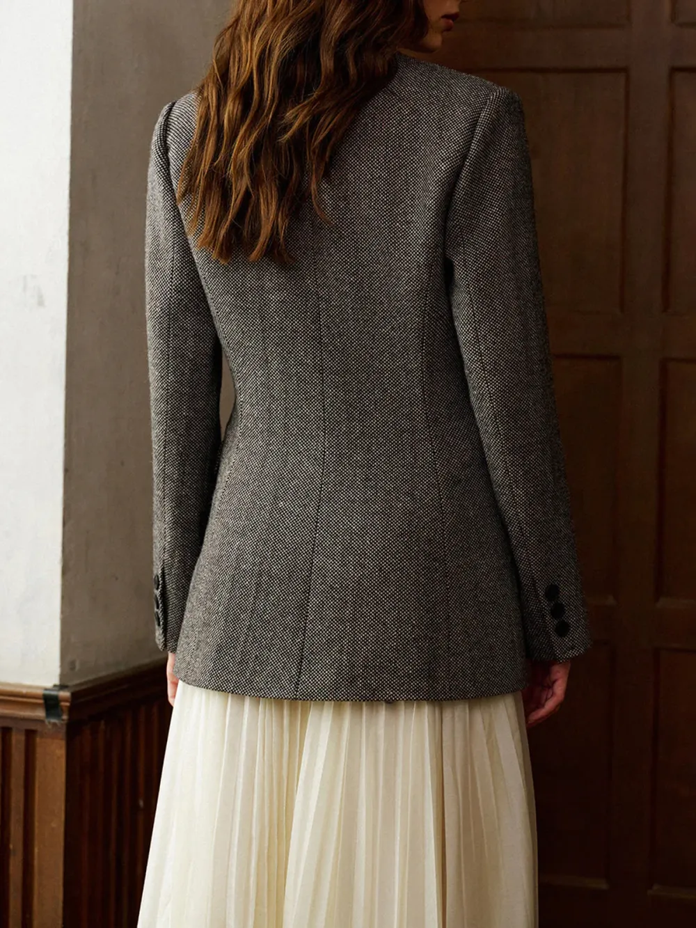 Wool-Blend Plain Double-Breasted Blazer