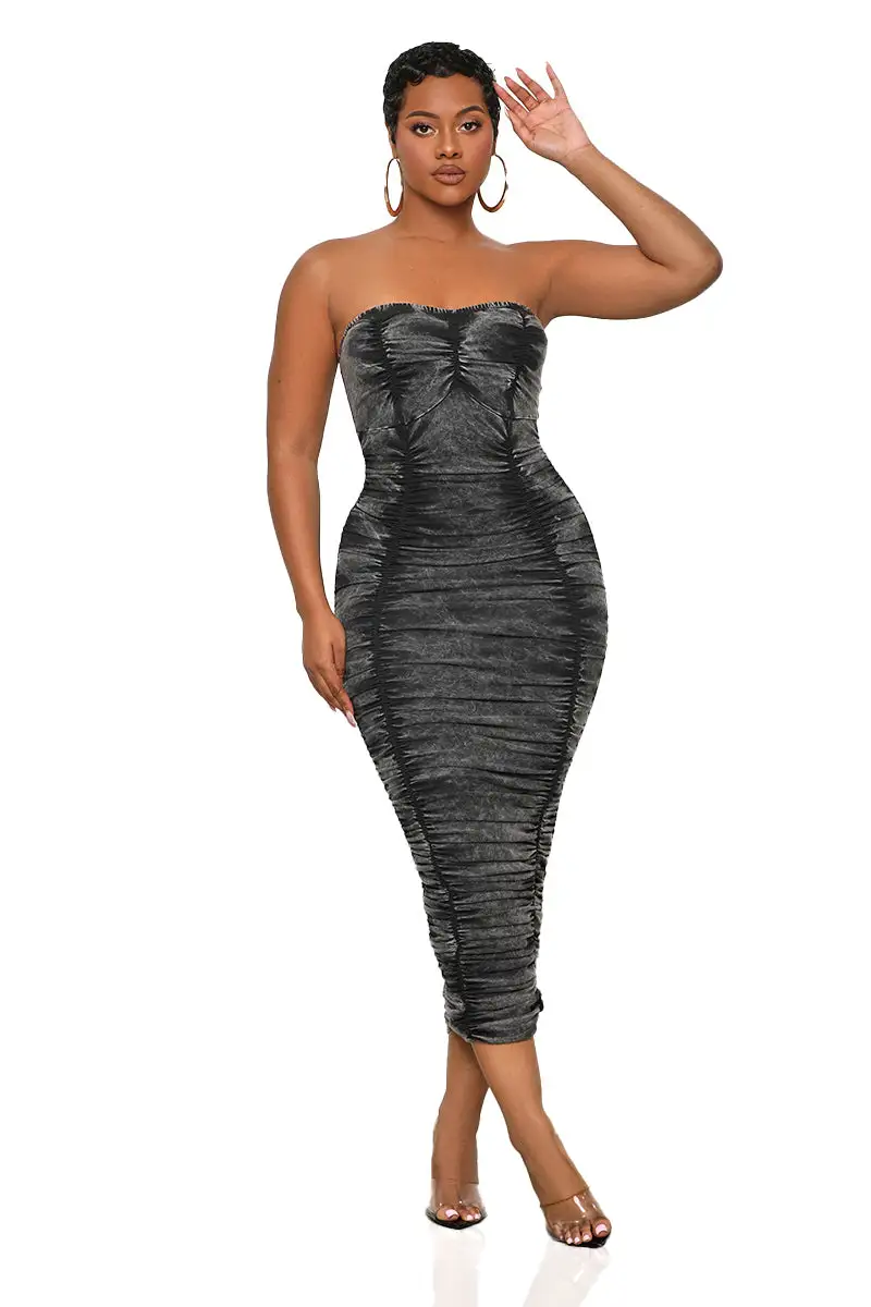 Acid Wash Tube Midi Dress (Black)