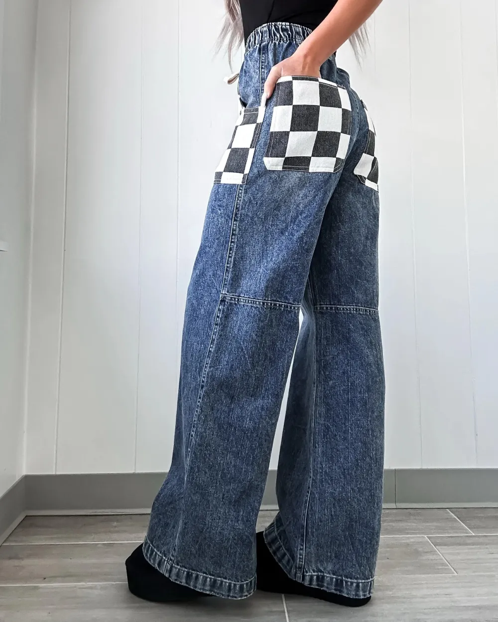 Street Glam Checkered Pocket Jeans - Denim