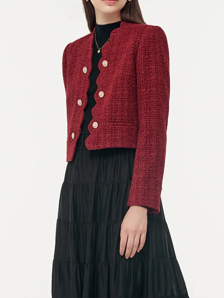 Tweed Sequins Scallop Trim Women Crop Jacket