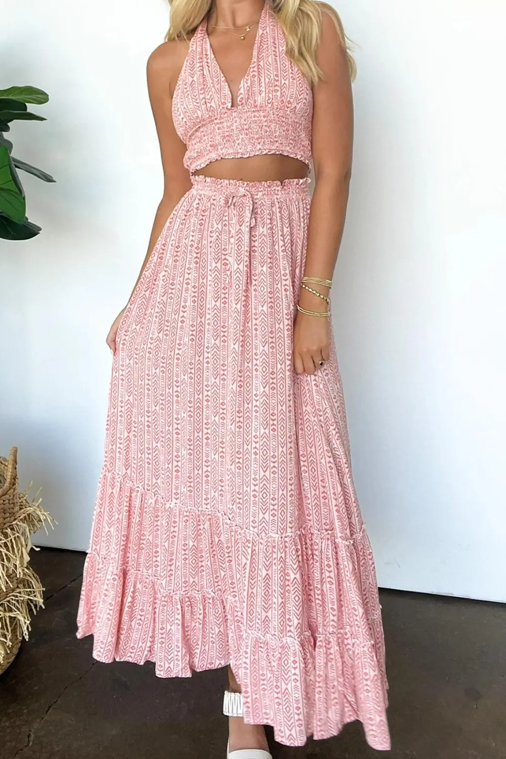 Boho Cutout Smocked Halter Top and Skirt Set