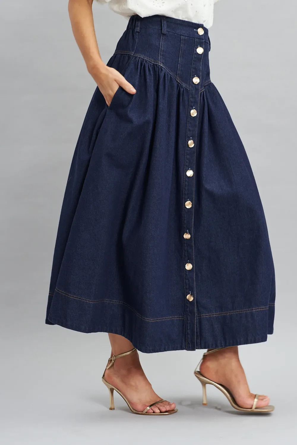 Navy Blue Button Front Denim Midi Skirt