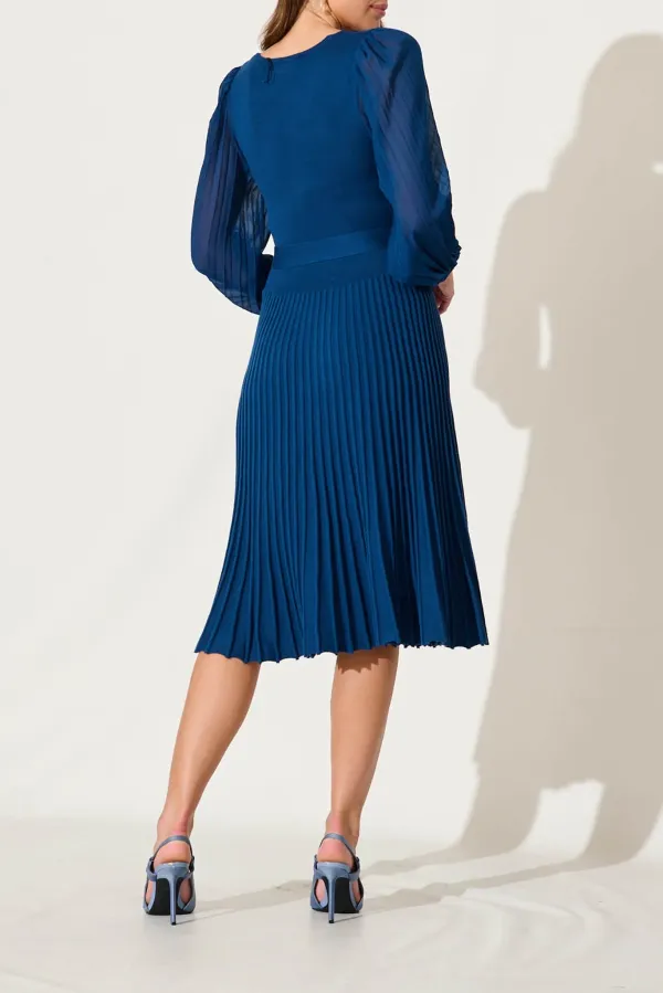 Blue Wrap Style Pleated Knit Dress